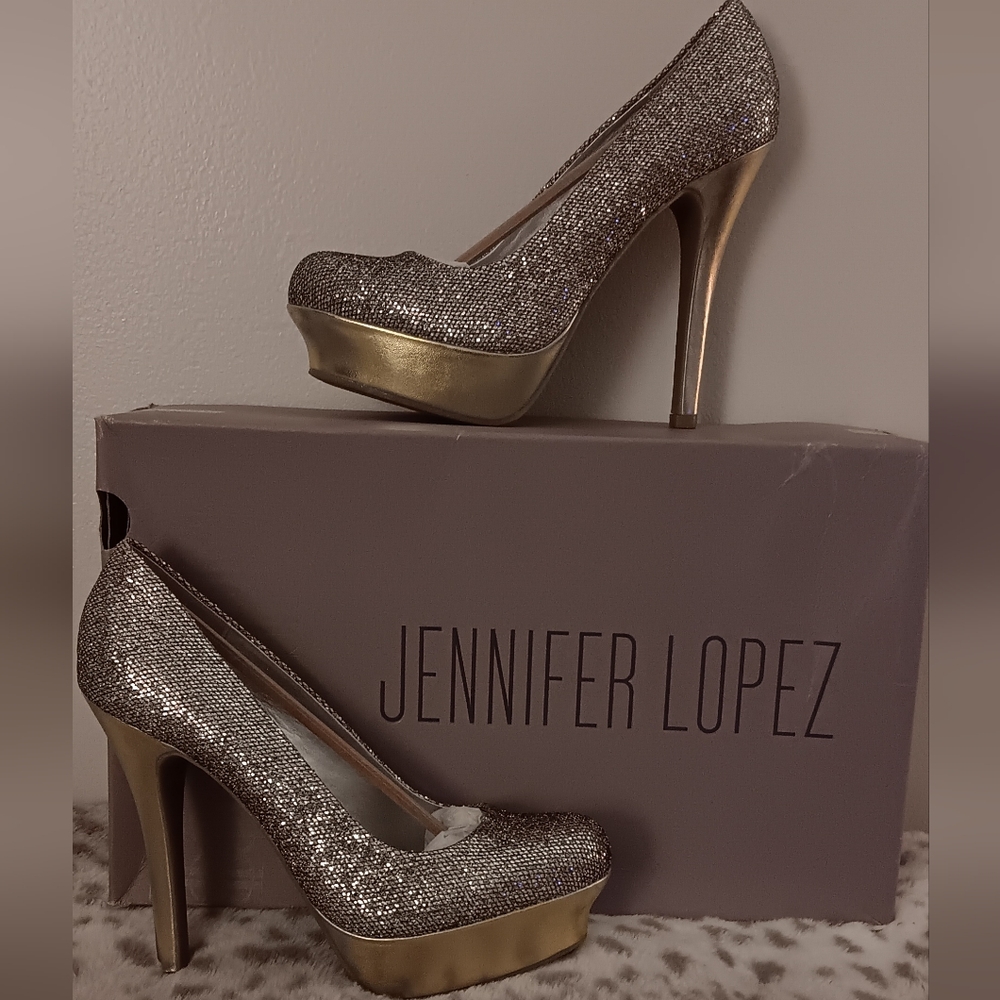 New Jennifer Lopez Marilyn Glitter Silver And Gold High Heels Women's Size 7.5